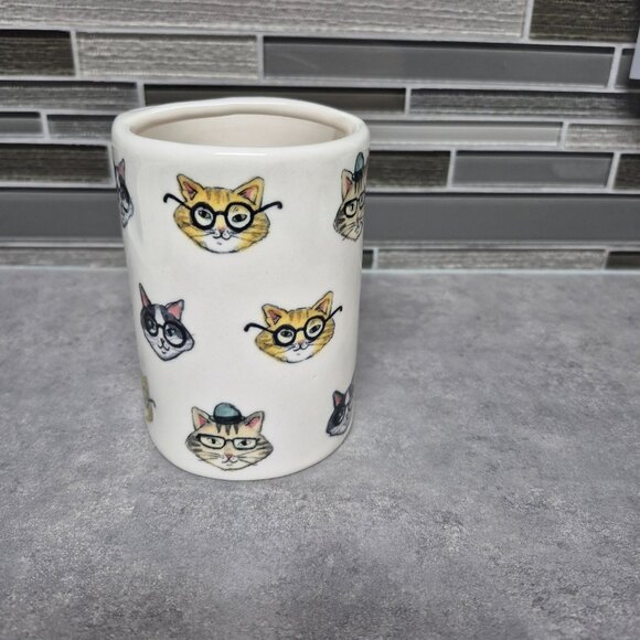 Rae Dunn Cats Wearing Glasses Utensil Holder - Picture 2 of 6